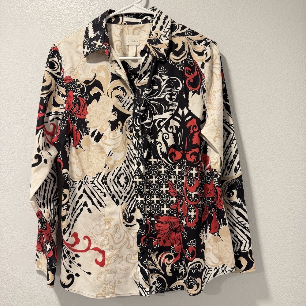 Chico's Size-1 Shirt Button Down Top No-Iron Red Black Paisley